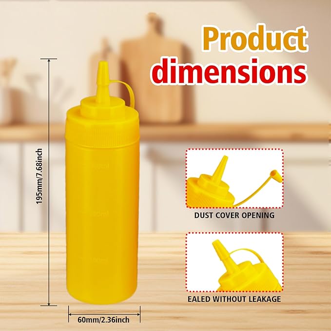 12oz Leak-Proof Sauce Squeeze Bottles- BPA-Free Kitchen & Restaurant Dispensers w/Wide Mouth for Ketchup, Mustard, Syrup, Oil, Dressings Dishwasher Safe (White+Yellow+Red, 12oz-6pack)