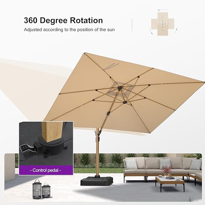PURPLE LEAF 10‘ x 13’ Rectangle Patio Cantilever Umbrella With Base Large Hanging Umbrella Teak Finished Aluminum Frame Windproof Offset Outdoor Sun Umbrellas for Beach Pool Deck, Beige
