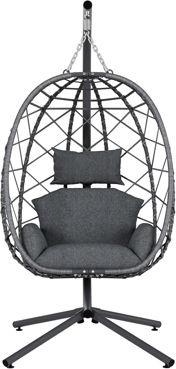 SWITTE Egg Swing Chair with Stand, Outdoor Patio Hanging Egg Chair, Indoor Hammock Chair with Cushion for Garden Backyard, 400LBS Capacity-Dark Grey