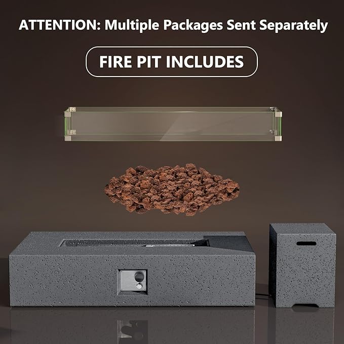 COSIEST 56 x 28 inch Outdoor Propane Fire Pit Coffee Table w Concrete Rectangle Base, Certified, 50,000 BTU, Free Lava Rocks and RainCover, Fits 20lb Tank Outside, Wind Guard, Tank Cover, Gray