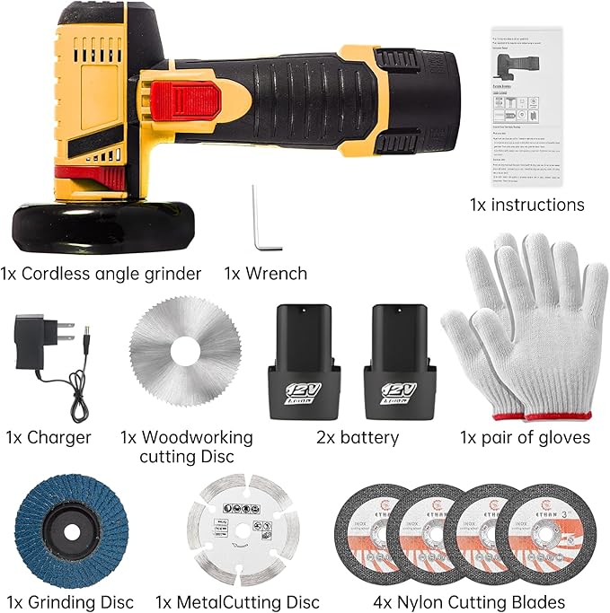 Cordless Angle Grinder, Mini Angle Grinder 19500RPM with 7 Cutting Discs and 2pcs Batteries, 76mm Side Disc Small Battery Grinding Tool for for Cutting Polishing and Sharpening