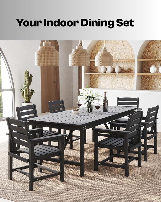 7-Piece Black HDPE Patio Table and Chairs Set, Weather Resistant Outdoor HDPE Dining Table Sets with Umbrella Hole for Lawn, Garden, Deck, Poolside, Balcony