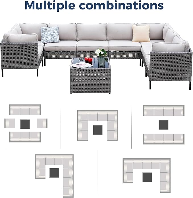 9-Piece PE Wicker Outdoor Sofa Set with 4 Armchairs, 4 Armless Chairs and Glass Coffee Table, Modular Gray Rattan Sectional with Beige Cushions for Deck, Garden, Porch