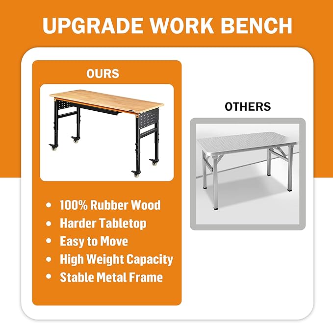 Betterhood 60" Adjustable Workbench for Garage, Rubber Wood Shop Table W/Wheels & Double Pegboards & Drawer, 2000 LBS Load Capacity Hardwood Worktable for Workshop, Garage, Office, Home, Commercial