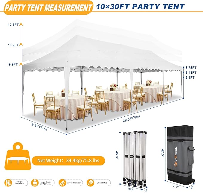 HOTEEL 10x30 Pop Up Canopy Tent with 8 Walls, Extra Tall Party Tent, Waterproof Event Shelter, Easy Setup with Wheeled Bag & Weight Bags for Wedding Backyard Large Events, White