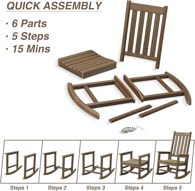 Rocking Chair Outdoor, HDPE Oversized Patio Rocking Chairs, Weather Resistant, 350lbs Heavy Duty Porch Rocker with High Back for Backyard, Fire Pit, Garden and Indoor (Light Brown)