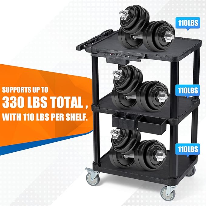 ELAFROS Heavy Duty 3-Tier AV Cart with Power Strip, 27.5 x 18.25 Inch, Industrial Plastic, 330 lbs Capacity, Flat Top Shelves with Swivel Wheels β Multipurpose Rolling cart