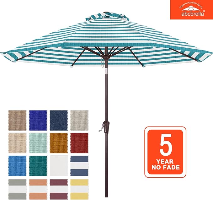 ABCCANOPY OLEFIN® 5-Year No Fading 9FT Patio Umbrella, Outdoor Table Umbrella with 8 Sturdy Ribs for Deck, Backyard, Yard (Turquoise Stripe)
