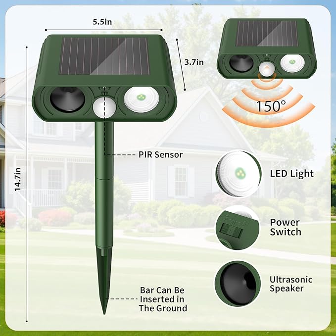 Solar Ultrasonic Animal Repellent, Deer Repellent Devices Waterproof, Cat Repellent Outdoor with Motion Detection Squirrel Skunk Rabbit Dog Raccoon Deterrents Animal Repeller for Yard, 1 Pack