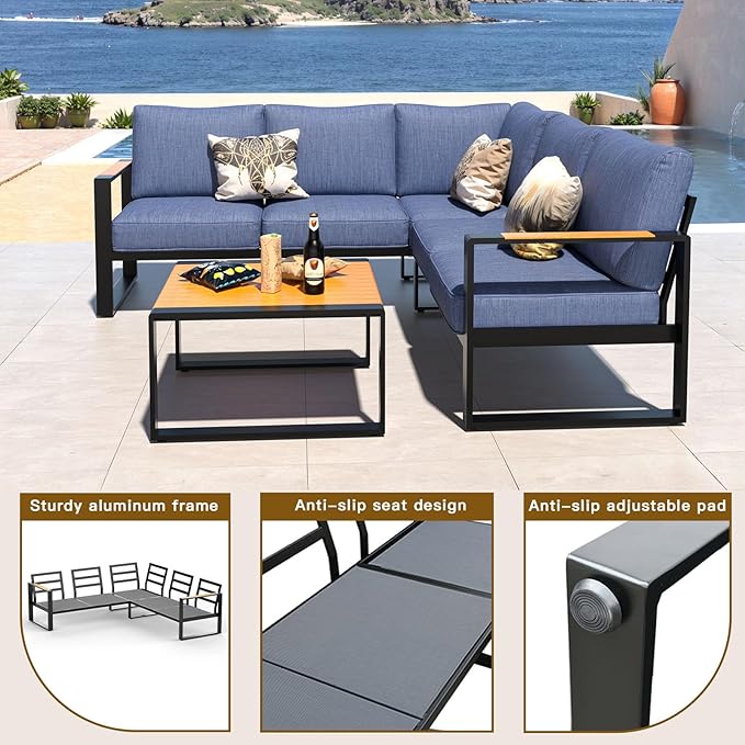 Aluminum Patio Furniture Set, All-Weather Outdoor Couch Sectional, L Shaped Patio Conversation Sets, Metal Corner Sofa with Teak Coffee Table (Cushion: Blue, Black Frame)