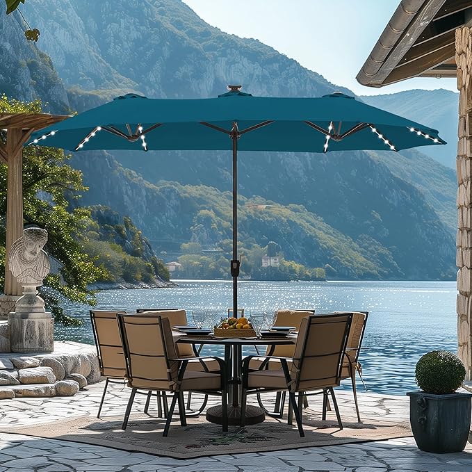 HERA'S PALACE 13ft Patio Umbrella with 120 LED Solar Lights Double Sided Outdoor Umbrella for Patio 8 Colors Changing Table Umbrella Outdoor Patio for Garden Pool