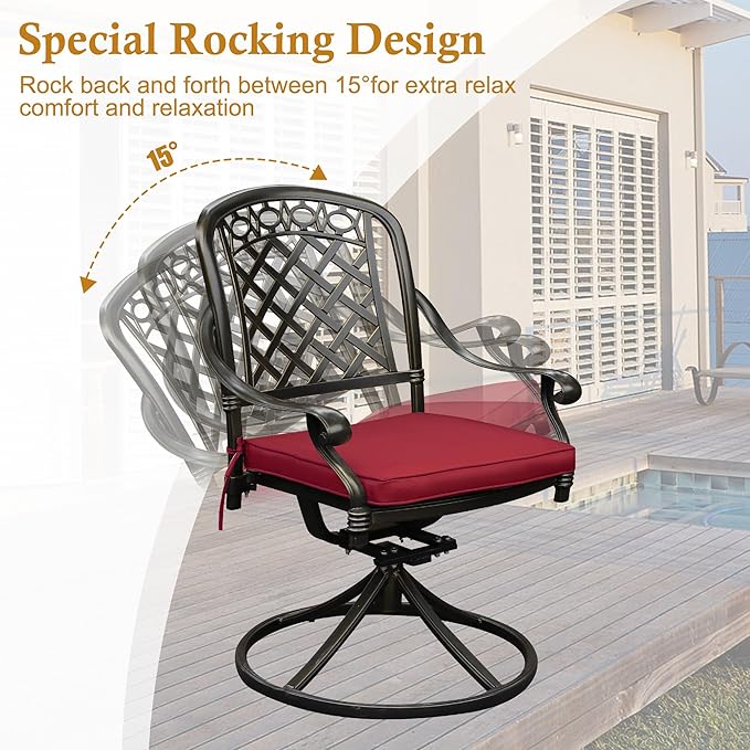2 Piece Cast Aluminum Outdoor Swivel Dining Chairs, All-Weather Patio Swivel Rocker Chair Sets with Cushion for Garden, Backyard, Poolside, Bistro (Red, 2 Pieces)