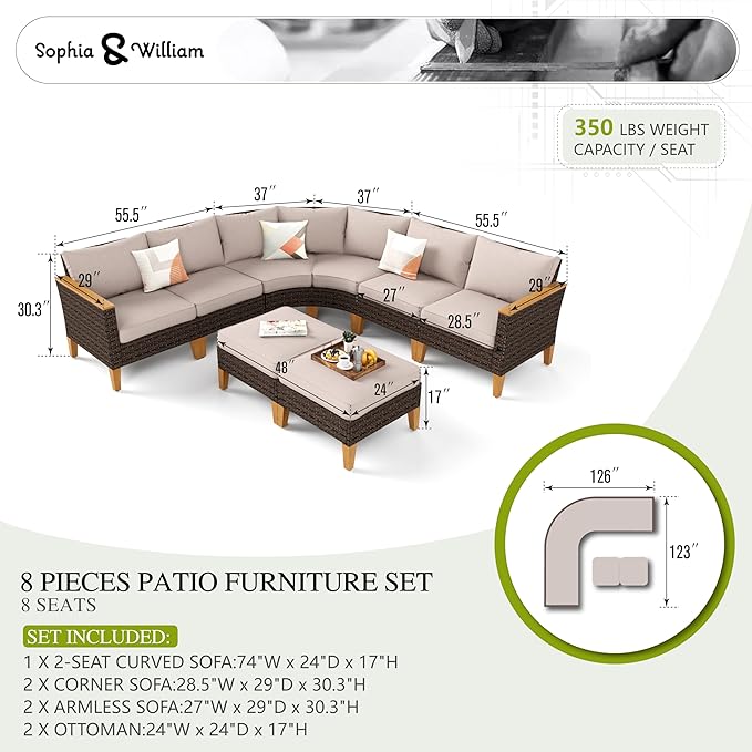 Sophia & William Half Moon Patio Furniture Set 8 Piece Outdoor Sectional Sofa Set, Wicker Patio Conversation Set with 1 Curved Sofa, 2 Armless Chairs, 2 Corner Couch, 2 Ottoman for Deck, Lawn (Beige)