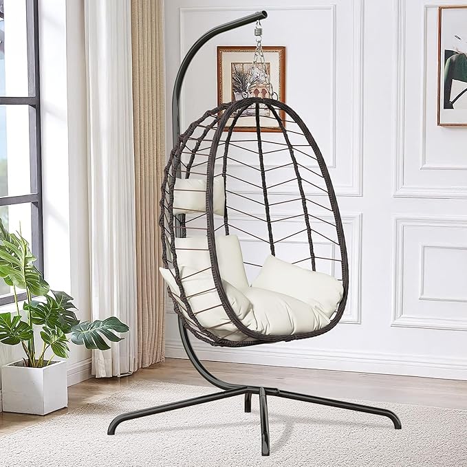 Hanging Egg Chair with Stand, Swinging Egg Chair Outdoor Indoor, Hanging Basket Chair with Cushion, Patio Wicker Hammock Chair 350lbs Capacity for Bedroom, Porch, Balcony, Backyard, Garden (Beige)