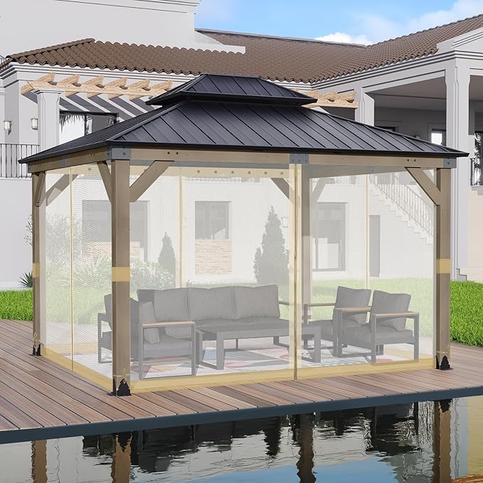 BPS 10' x 12' Gazebo Universal Mosquito Netting Screen Replacement, 4-Panel Screen Walls with Double Zippers for Outdoor Patio, Khaki (Mosquito Net Only)