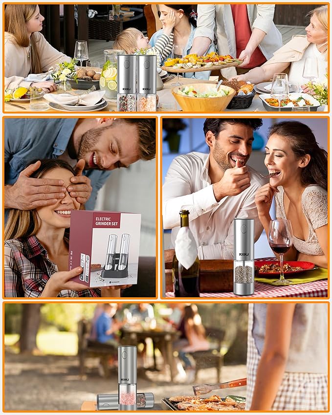 Electric Salt and Pepper Grinder Set, Stainless Steel Automatic Pepper Grinder with Upgraded Charge Base and LED Light, Adjustable Coarseness, Rechargeable Sea Salt Spice Mill Set, Ideal for Kitchen