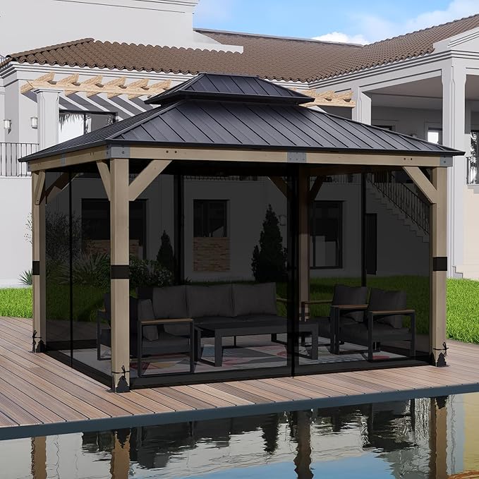 BPS 10' x 13' Gazebo Universal Mosquito Netting Screen Replacement, 4-Panel Screen Walls with Double Zippers for Outdoor Patio, Black (Mosquito Net Only)