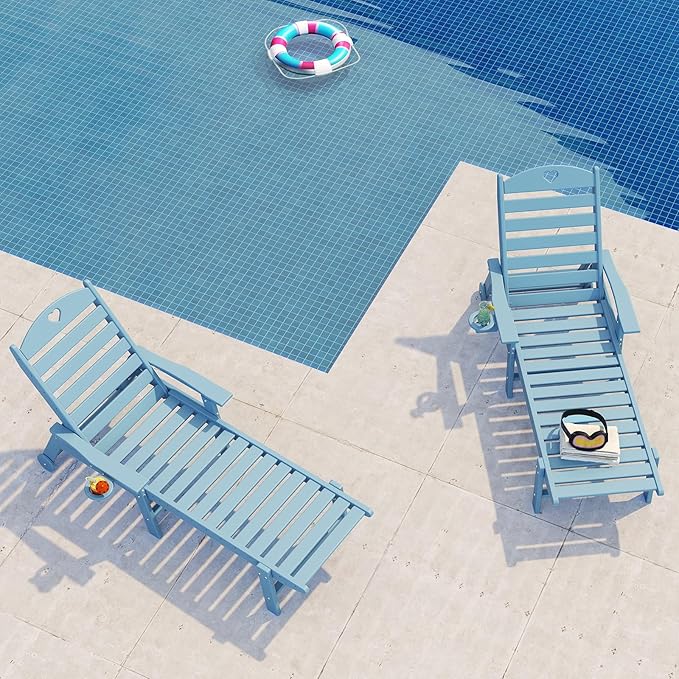Aokia Pool Lounge Chairs,Chaise Lounge Chair Outdoor with Wheels & Cupholder Oversize HDPE 6-Position Outdoor Chairs for Patio, Lawn, Garden, Poolside (Light Blue)