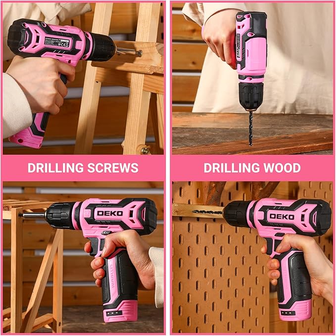 Cordless Drill:DEKOPRO 12V Power Drill Set with Pink 800RPM Electric Drills with Tool Set Gift Box, Pink Drill Set for Women