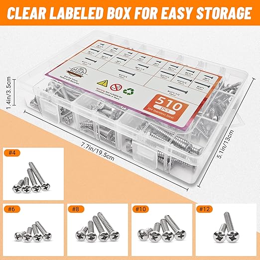 510 PSC Stainless Steel Screw Assortment Kit - #4#6#8#10#12 Phillips Pan Head, Self-Tapping for Wood & Metal
