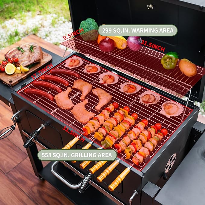 Kenadne Charcoal Grill Outdoor BBQ Grill, Extra Large Cooking Area 794 Square Inches with Two Individual & Adjustable Charcoal Tray, Foldable Side Tables for Outdoor Cooking