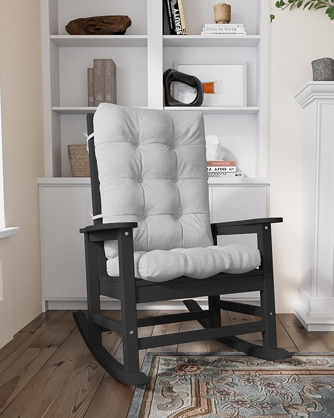 SERWALL Oversized Cushioned Outdoor Rocking Chair, HDPE Rocker with Cushion, Patio Rocking Chairs for Porch, Black Chair+Gray Cushion