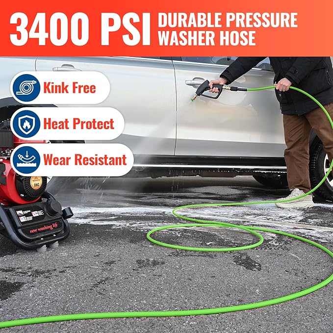 YAMATIC Upgraded Pressure Washer Hose 50 FT 3400 PSI, 1/4" Wear & Kink Resistant Power Washer Hose with Heat Protect Sleeve, Durable Replacement Hose for Uberflex Flexzilla Ryobi