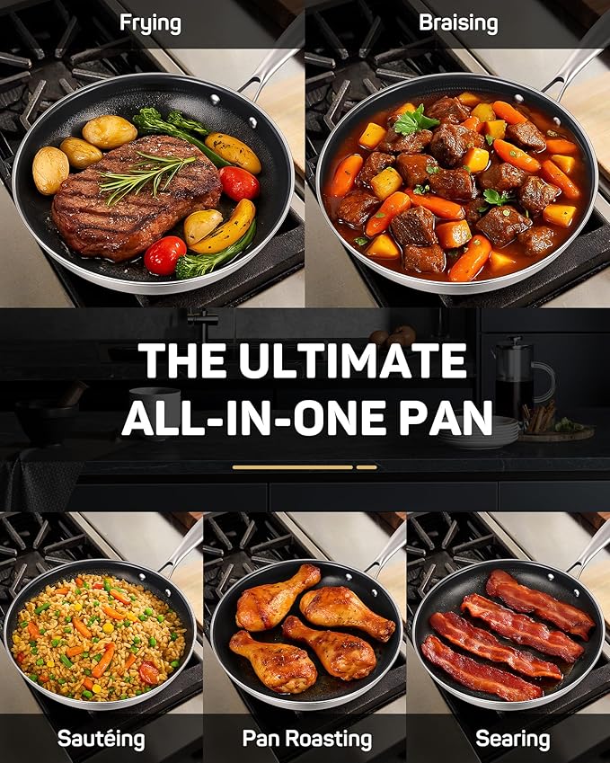 Stainless Steel Nonstick Frying Pan, Hybrid Ceramic 10-Inch Frying Pan, Stay-Cool Handle, PFAS & PFOA PTFE Free, Dishwasher & Oven Safe, Scratch-Resistant, Compatible with Induction & All Cooktops