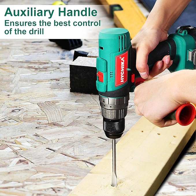 Cordless Hammer Drill Driver 18V, HYCHIKA 400 In-lbs Torque Power Drill with Auxiliary Handle, 1/2” Metal Chuck, 2.0Ah Battery, 1H Fast Charger, 21+3 Clutch, LED Light for Drilling Wood Metal Wall