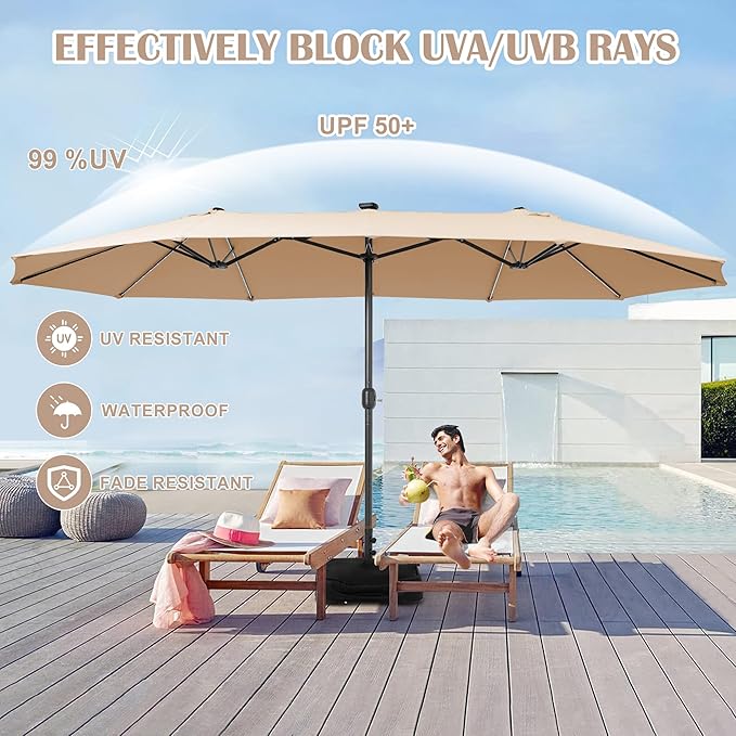 Sundale Outdoor Solar 144 LED 15 ft Patio Umbrella with Sandbag Base Included and Cover, Outdoor Double-Sided Umbrella
