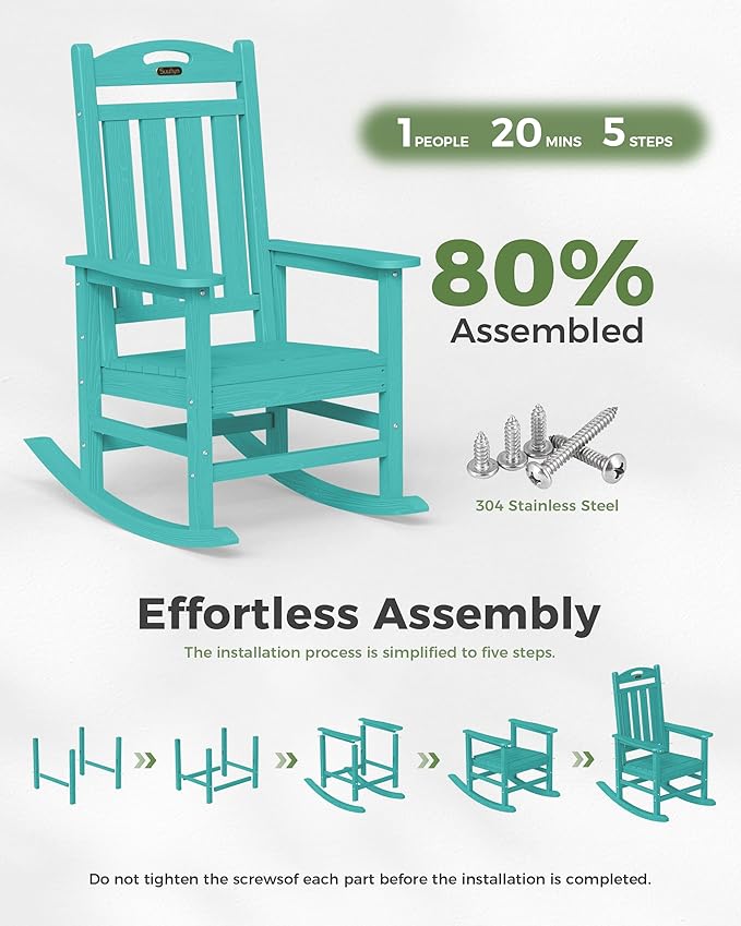 Oversized Outdoor Rocking Chair Set of 2, High Back Porch Rocker Chair, HDPE All Weather Resistant Rocking Chairs for Patio,380lbs Weight Capacity, Lake Blue