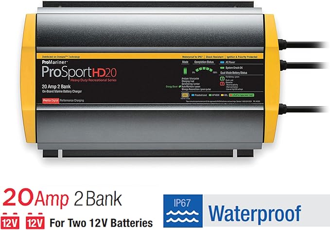 ProMariner 44020 ProSport HD Waterproof Marine Battery Charger, 20 Amp, 2 Bank