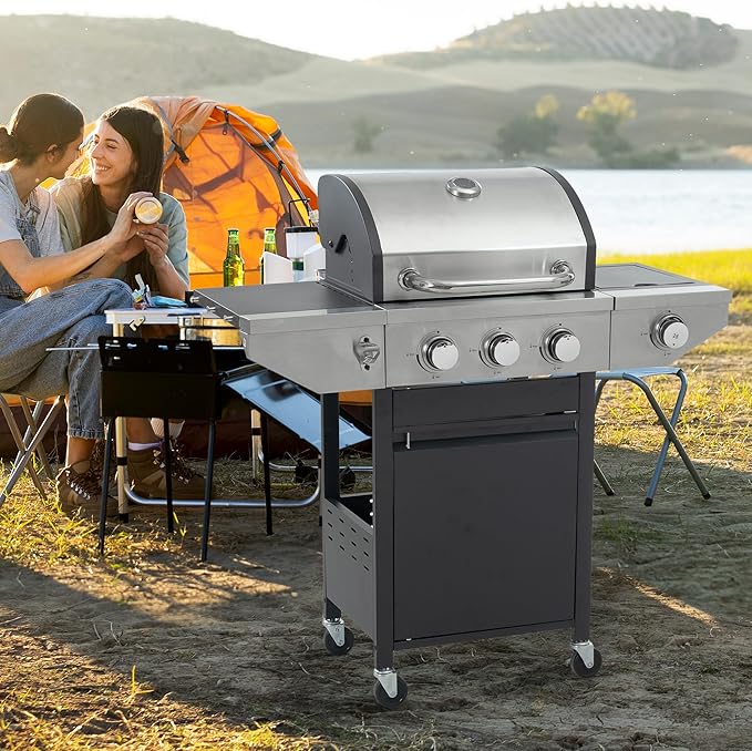 3 Burner Propane Gas Grill with Side Burner, 37,000 BTU Stainless Steel BBQ Grill with Foldable Shelves, Thermometer, Wheels, Ideal for Patio, Backyard, Outdoor Cooking, Barbeque