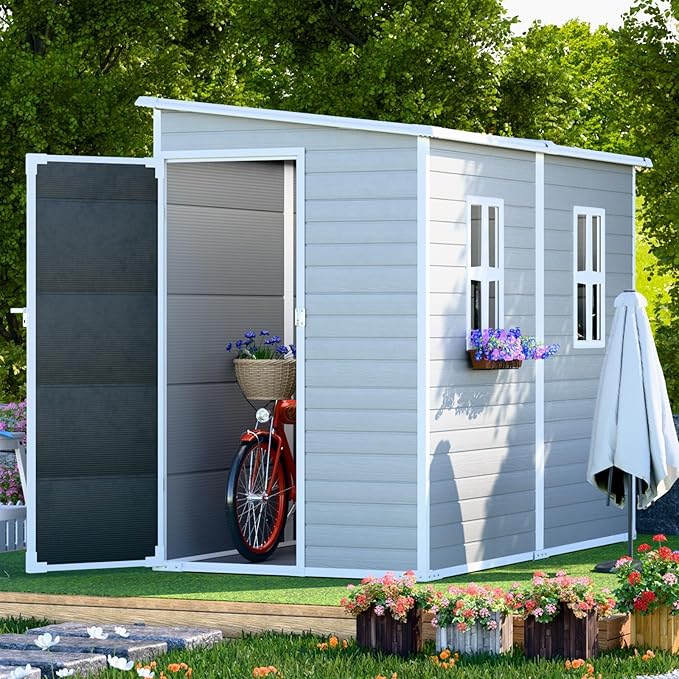 4x8 FT Plastic Storage Sheds Outdoor with Floor and Window, Lean to Resin Shed Easy to Install, Compact Sheds & Outdoor Storage/Tool Shed for Backyard Patio Lawn, Gray