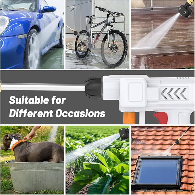 6L/min Cordless Pressure Washer, 18 bar Portable High Pressure Electric Washer with 2 Batteries, 6 in 1 Nozzle Cordless Battery High Pressure Washer, Sprays 6-10m Away, for Car/Floor/Patio Cleaning