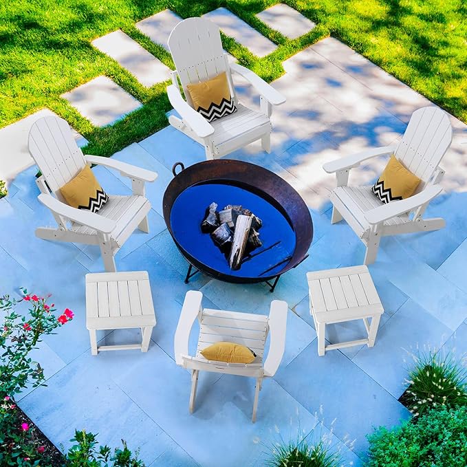 Folding Adirondack Chairs Set of 4, All Weather Resistant Plastic Chair with Cup Holder, Fold or Unfold Easily in 1 Second, Outdoor Chairs for Patio, Garden, Backyard Deck, Lawn Fire Pit(White)