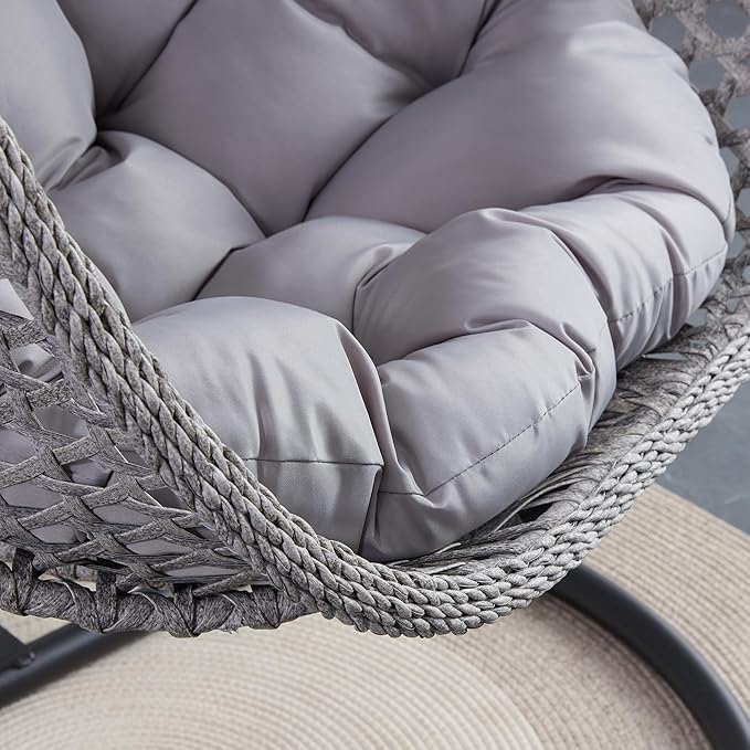 Hanging Egg Chair with Stand, Egg Swing Chair with Stand Indoor Outdoor,Grey Wicker Swing Egg Chair for Adults, Hammock Chair with Comfortable Cushion and Stable Round Metal Base for Bedroom Patio