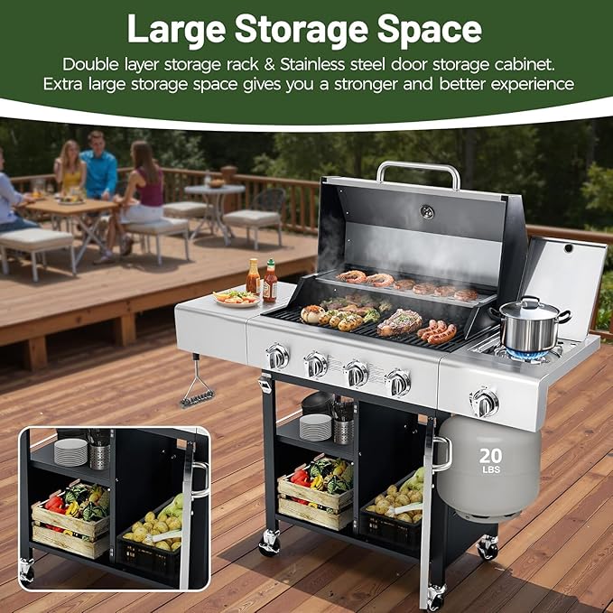 HUGROVE Propane Gas BBQ Grill with Wheels & Side Burner, 50,000 BTU Output Stainless Steel Barbecue Grill for Backyard & Outdoor Cooking Easy to Assemble (Light Gray)