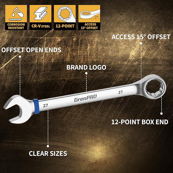 Metric Wrench Set, Large Wrench Set Metric and Standard, 7PC 23mm, 24mm, 26mm, 27mm, 30mm, 32mm Long Open End Wrench Tool Roll Up Pouch with Gauge, Combination Wrenches Sets with Color Ring