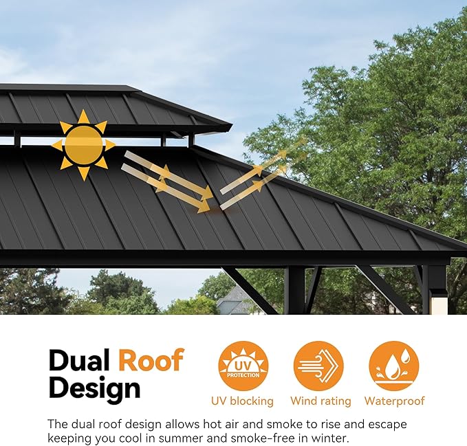 Modern Shade The Horizon Hardtop Gazebo 10' x 14' with 4 LED Lights, Permanent Outdoor Gazebo with Galvanized Steel Double Roof, Grill Pavilion with Decor Hooks, Mosquito Nettings, Black