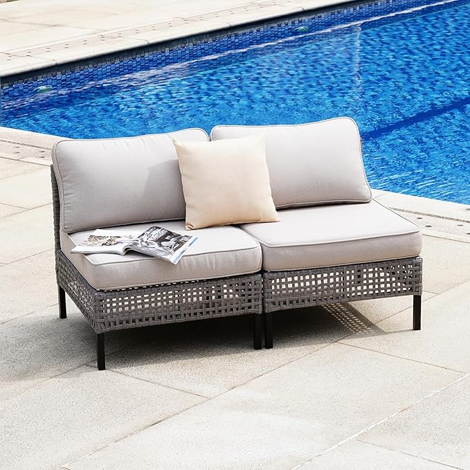 2-Piece Outdoor Rattan Armchair Set, All-Weather PE Wicker Patio Chairs with Beige Cushions, Gray Modular Sectional Furniture for Porch, Balcony, Deck, Backyard Seating