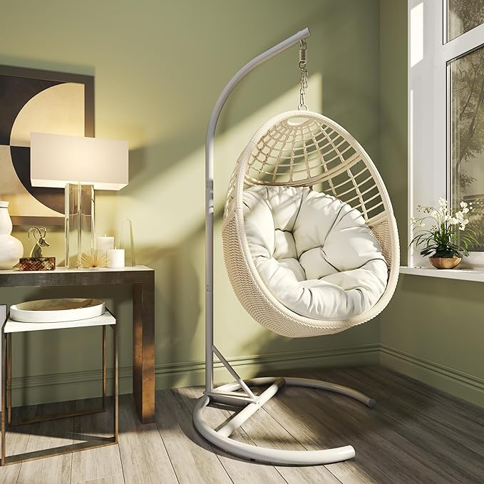 Hanging Egg Chair Swing Chair with Stand Wicker Rattan Chairs for Indoor Outdoor Patio Bedroom Hammock Chair with Steel Frame and Cushion(Color: Beige)