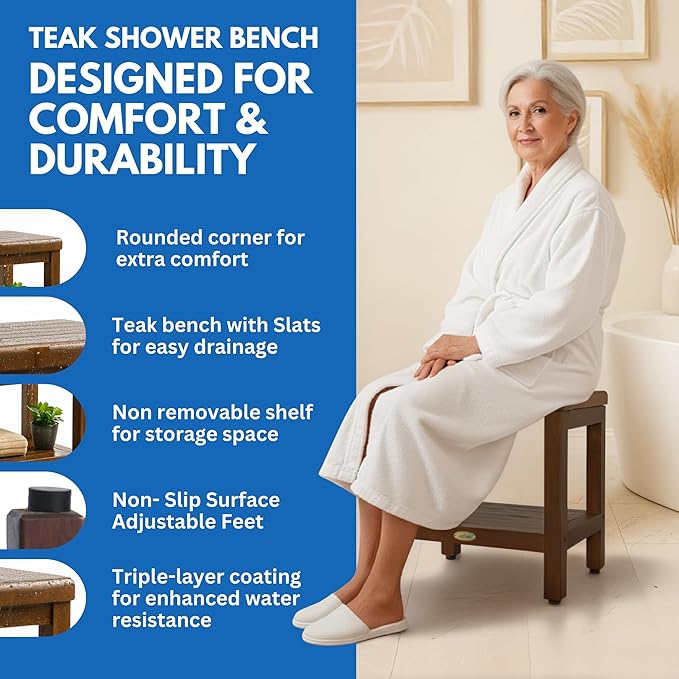 DecoTeak Eleganto 18 Inch Brown Waterproof Teak Wood Shower Bench Stool Seat Chair for Inside Shower Provides Safety, Storage, and Organization Storage Shelf for Bathroom Accessories