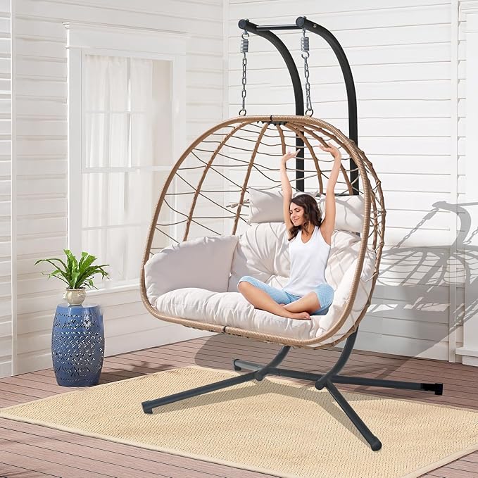 Double Hammock Egg Chair 2 Person Egg Chair Indoor Outdoor Swing with Stand Patio Wicker Hanging Chair Widened and Enlarged for Balcony Bedroom Porch Adults Kids