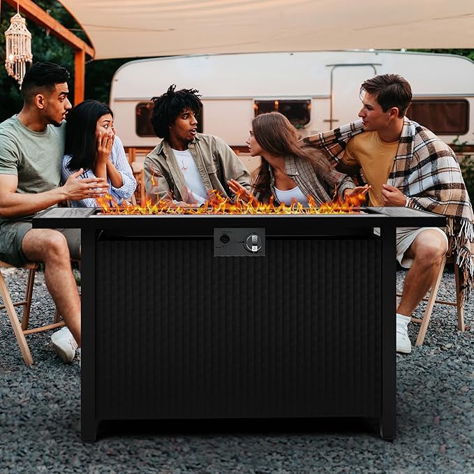 45in Fire Table, Propane Fire Pit with Removable Lid, 50000 BTU with Lava Rock and Alumium Frame Tables for Patio Garden, Outdoor Firepit Table, Grey