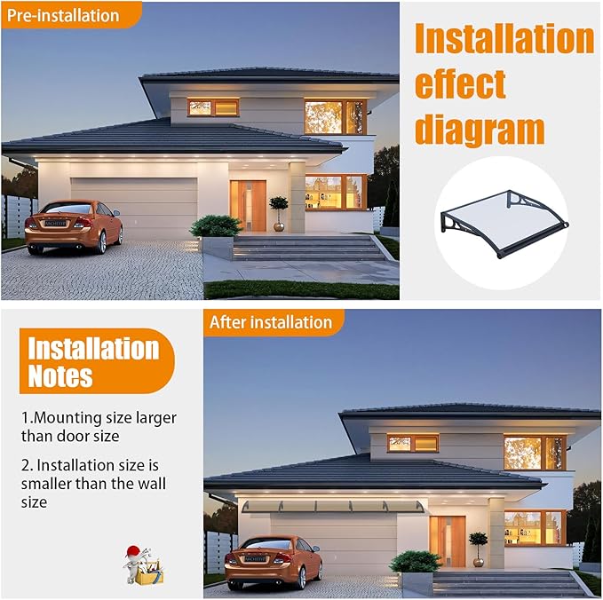 Door Awning Window Canopy, Modular Spliced Awnings for Outside,Porch,Patio,Deck,Polycarbonate Sheet,UV, Rain, and Snow Protection (Brown Board & Black Bracket, 35'’*80'’)