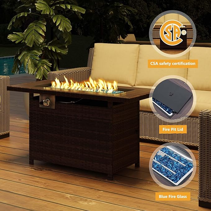 Aoxun 44" Propane Fire Pit 50,000 BTU Outdoor Wicker Fire Table with Wood-grainTabletop Patio Rectangular 2-in-1 Gas Fire Pit Table with Firepit Lid and Waterproof Cover