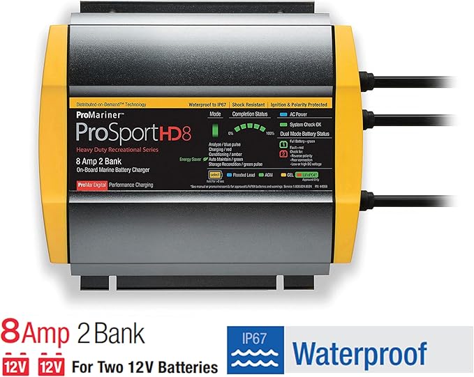 ProMariner 44008 ProSport HD Waterproof Marine Battery Charger, 8 Amp, 2 Bank