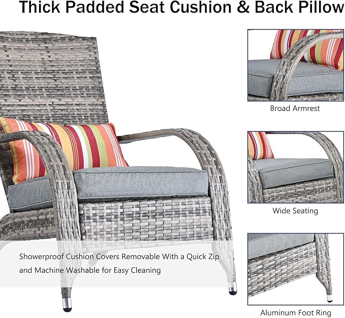 Outdoor Patio Wicker Rattan Adirondack Chair Outside Fire Pit Chairs Comfy Relax Accent Patio Chair Low Deep Seating High Back with Cushion and Pillow for Porch Deck Balcony Lawn Backyard Mixed Grey