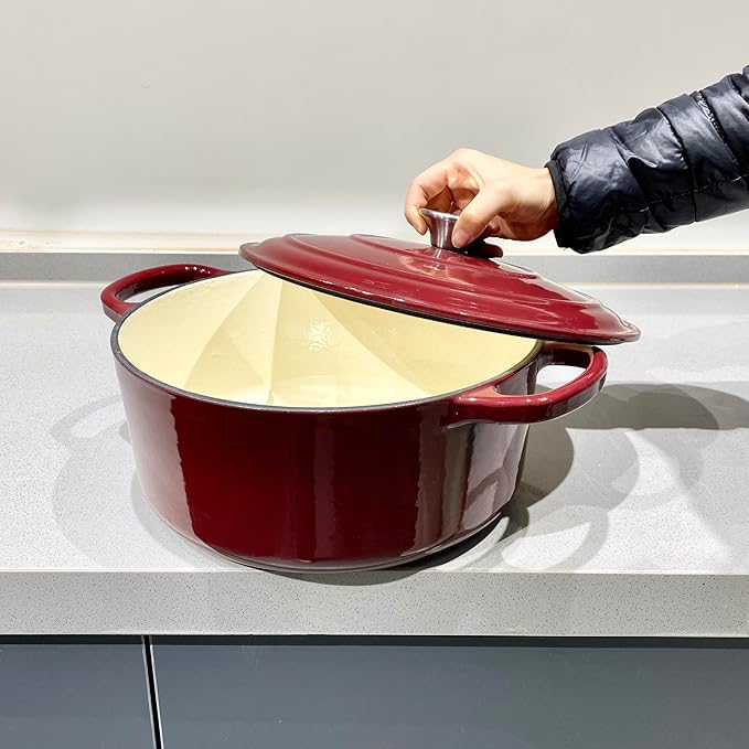 Commercial Grade, Cast Iron Enameled Cookware (Dark Red, Duch Oven 4qt)